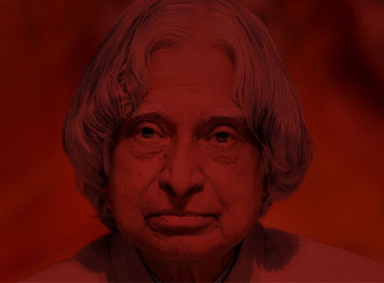 Portrait of Dr APJ Abdul Kalam, in a red-tinted photo